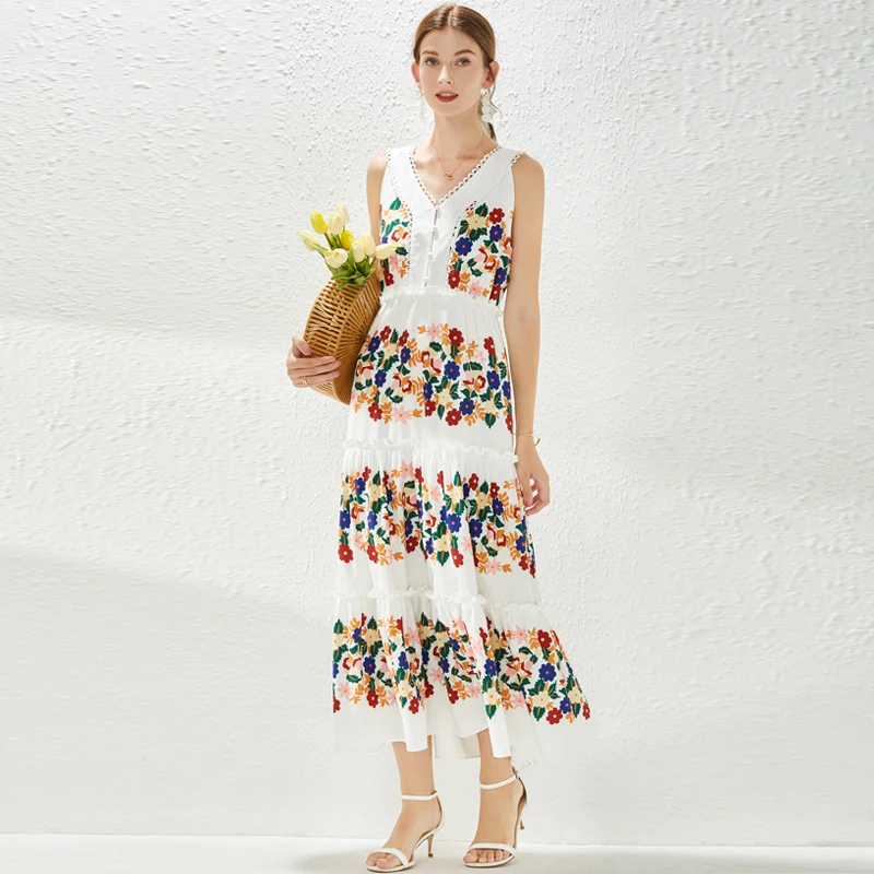Women's Hollow Out Sleeveless V Neck Tank Ruffles Button Floral Print Elastic Waist Maxi Vestidos Bohemia Flower Dress 3119
Women's Hollow Out Sleeveless V Neck Tank Ruffles Button Floral Print Elastic Waist Maxi Vestidos Bohemia Flower Dress 3119