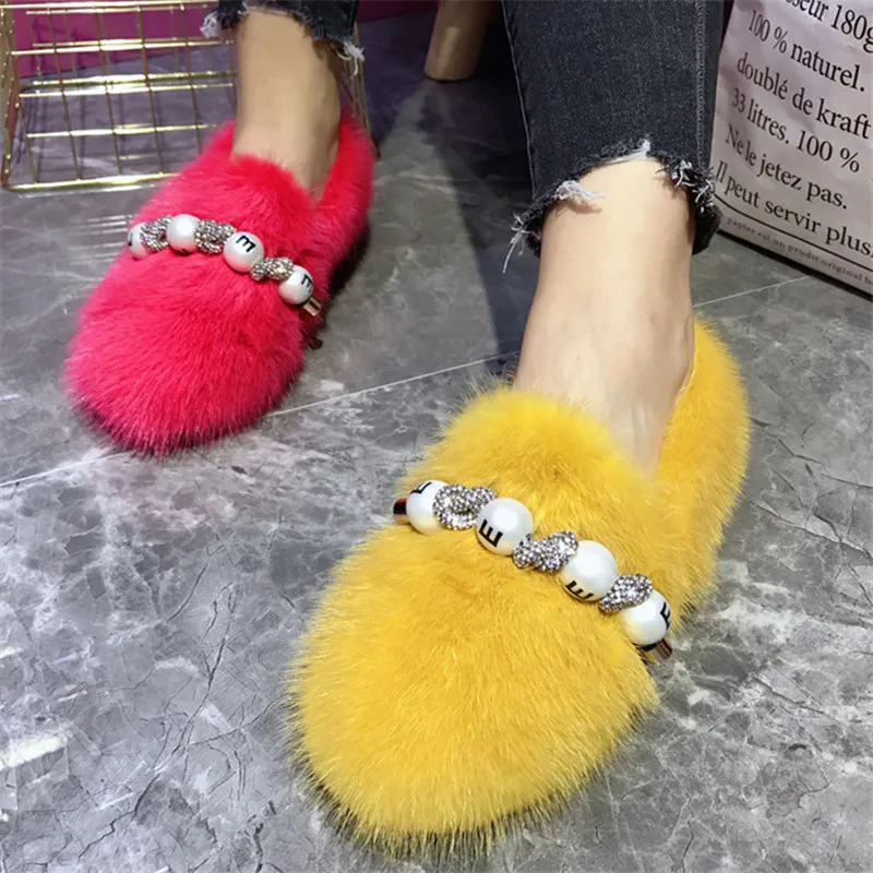 

Mink Fur Women Winter Warm Flats Slip-on Beading Creepers Outside Moccasins Black Ladies Footwear Red Zapatos Mujer Espadrilles