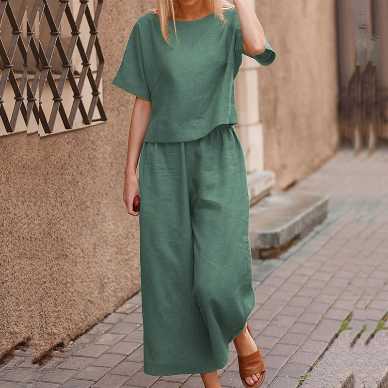 Summer Office Lady Elegant Short Sleeve Outfit Women Solid Cotton Linen Two Piece Sets Casual O Neck Tops + Wide Leg Pants Suits
Summer Office Lady Elegant Short Sleeve Outfit Women Solid Cotton Linen Two Piece Sets Casual O Neck Tops + Wide Leg Pants Suits