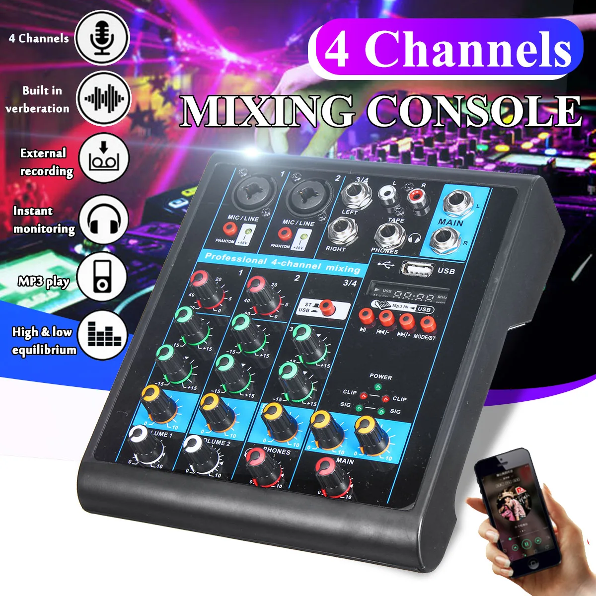 Портативный мини микшер с 4 каналами USB bluetooth MP3 для прямой трансляции аудио DJ