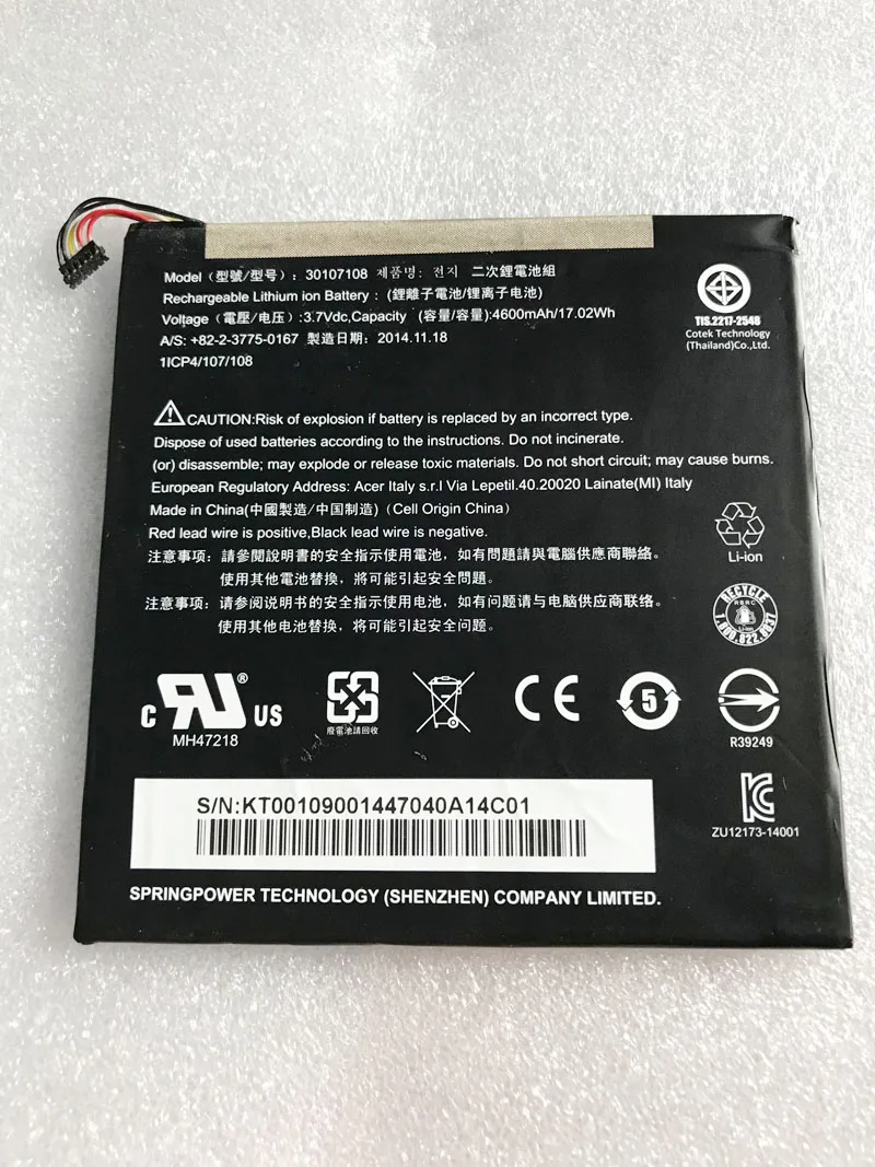 Оригинальный аккумулятор 3 7 V 4600mAh 30107108 для Iconia Tab 8 A1 840 A1840 A1401 A1840FHD10L2|Аккумуляторы