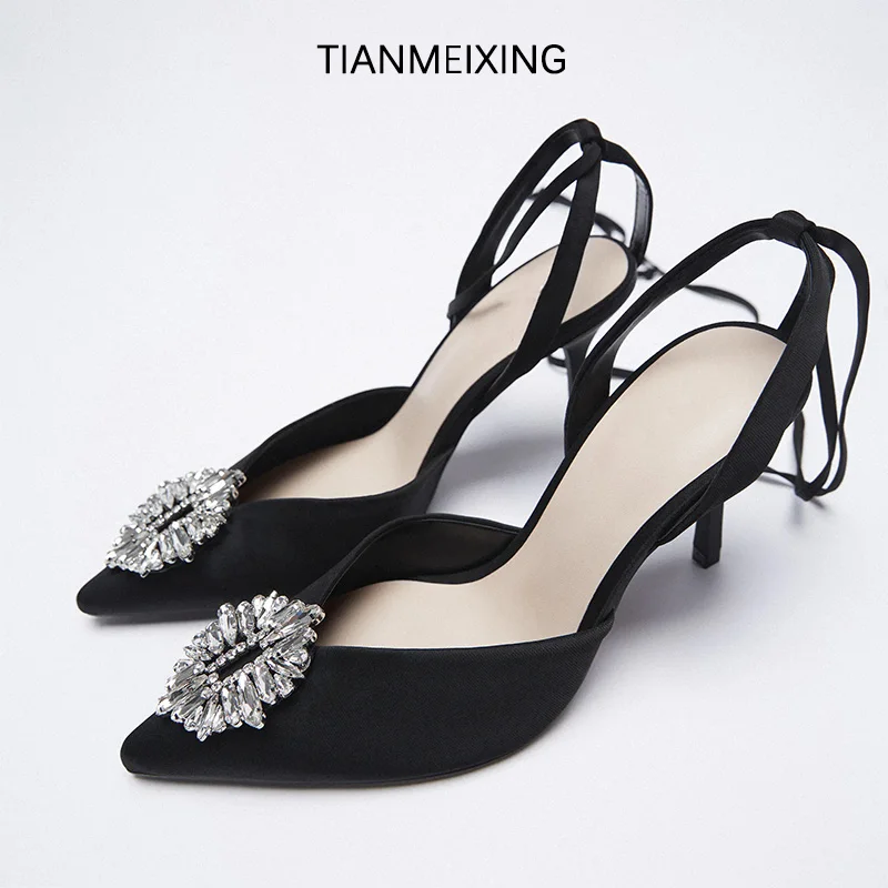 

Pointed Toe Rhinestone High Heels Women 2021 Summer New Shallow Mouth Stiletto Single Shoes Baotou Strappy Roman Sandals Women