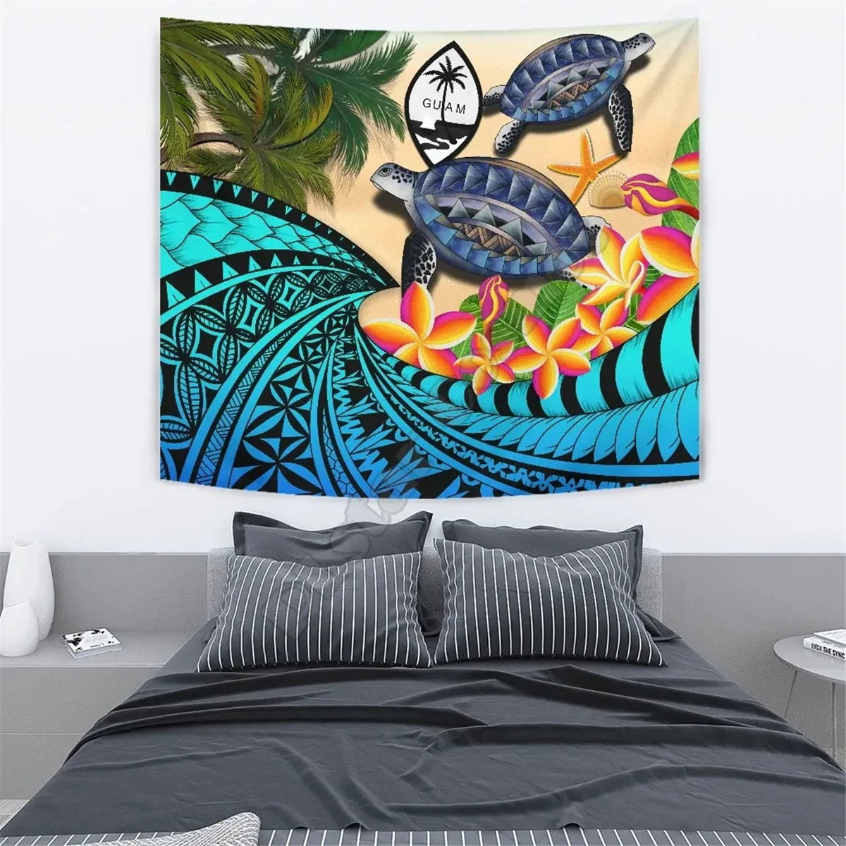 

Polyesian Turtle Coconut Tree And Plumeria Tapestry 3D Printing Tapestrying Rectangular Home Decor Wall Hanging