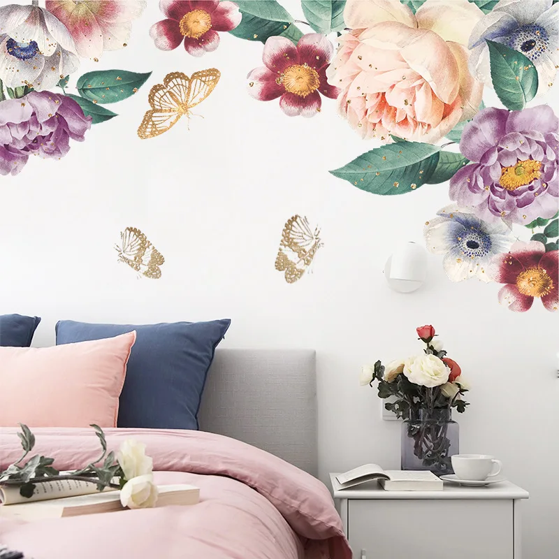 Creative Watercolor Flowers Wall Stickers for Living room Bedroom Decor Self-adhesive Removable PVC Decals Art Murals | Дом и сад