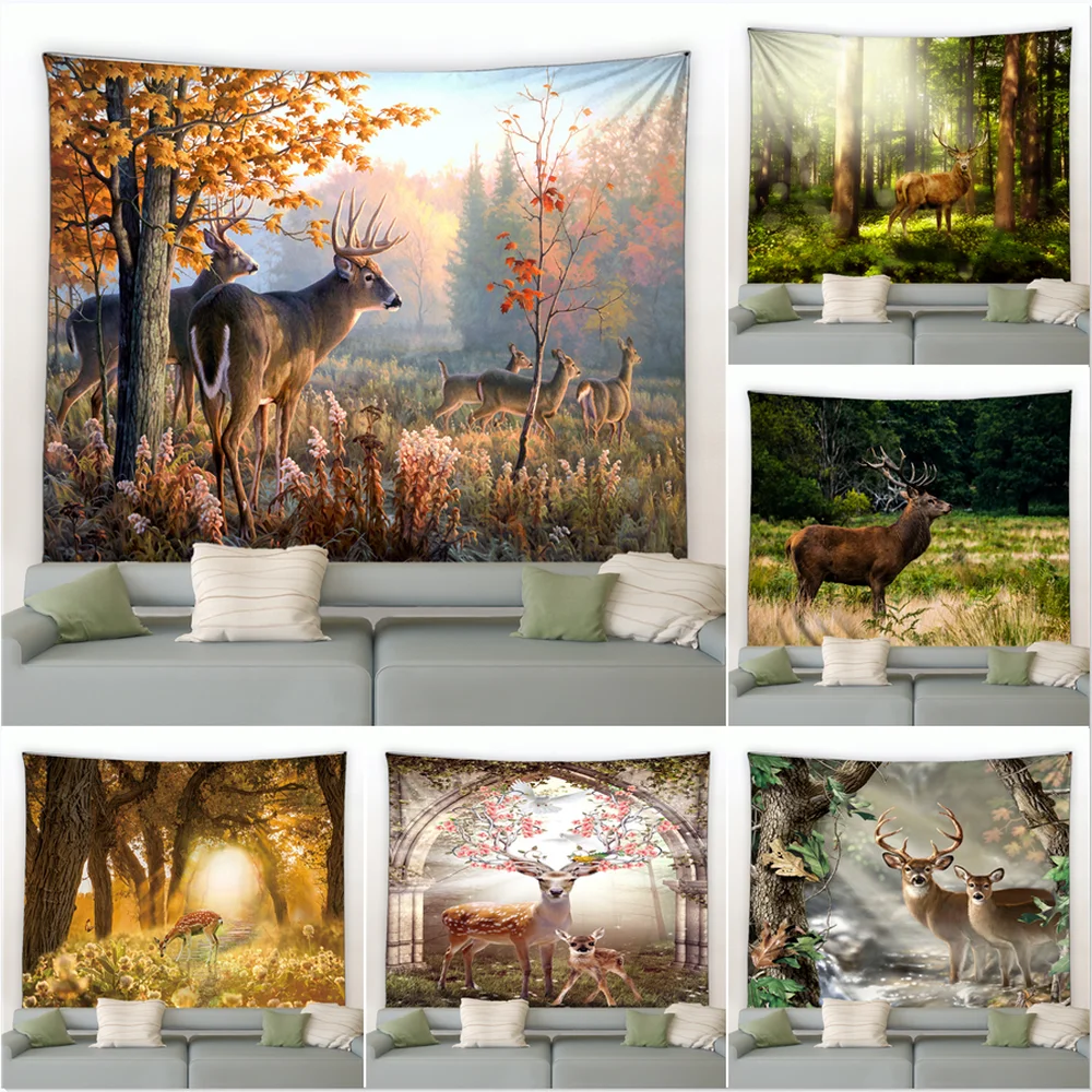 

Elk Tapestry Autumn Forest Wild Animals Deer Beautiful Natural Landscape Background Wall Hanging Curtain Hippie Bedroom Blanket