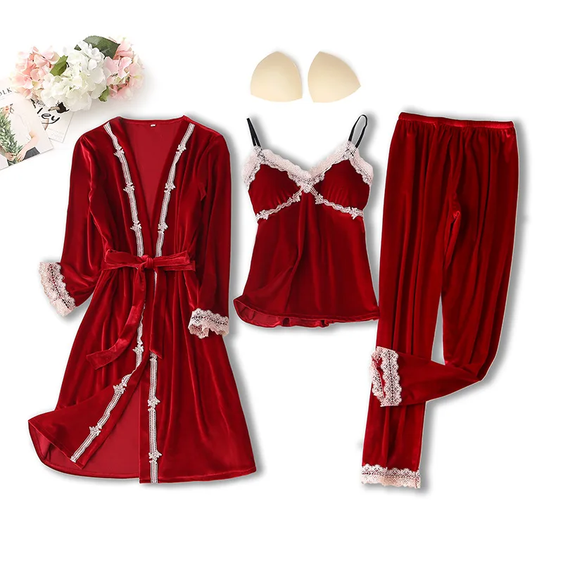 Women Pajamas 3 Pieces Set Sleepwear Sexy Lace Pijama Velvet Sleep Lounge Pyjama with Chest Pads
Women Pajamas 3 Pieces Set Sleepwear Sexy Lace Pijama Velvet Sleep Lounge Pyjama with Chest Pads
