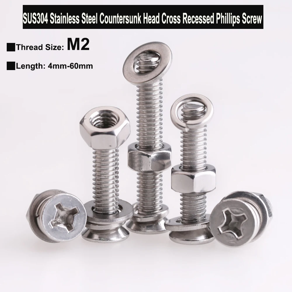 10Sets M2 SUS304 Stainless Steel Countersunk Head Cross Recessed Phillips Bolt Three Combination Screw with Washers and Nut
10Sets M2 SUS304 Stainless Steel Countersunk Head Cross Recessed Phillips Bolt Three Combination Screw with Washers and Nut