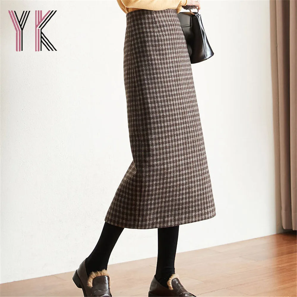 

Wool Blend Houndstooth Back Slit Straight Skirts Zipper Vintage Korean Plaid Skirts Elegant Autumn Winter High Waist Wild Saia