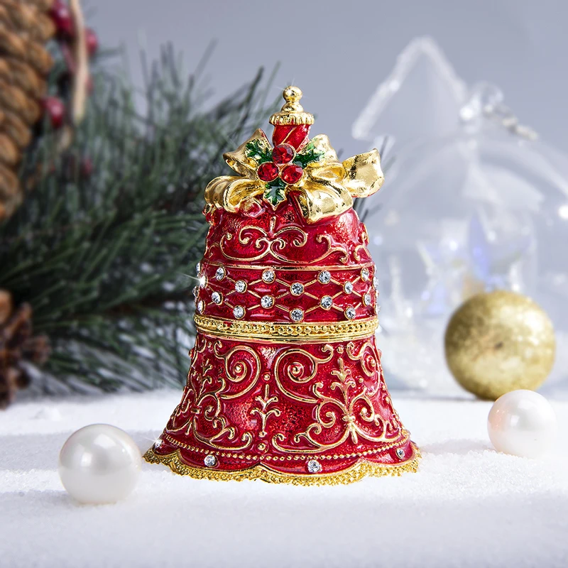 

H&D Hinged Red Xmas Jingle Bell Trinket Box With Crystals Hand-painted Jewelry Holder Figurine Collectible Christmas Decor Gift