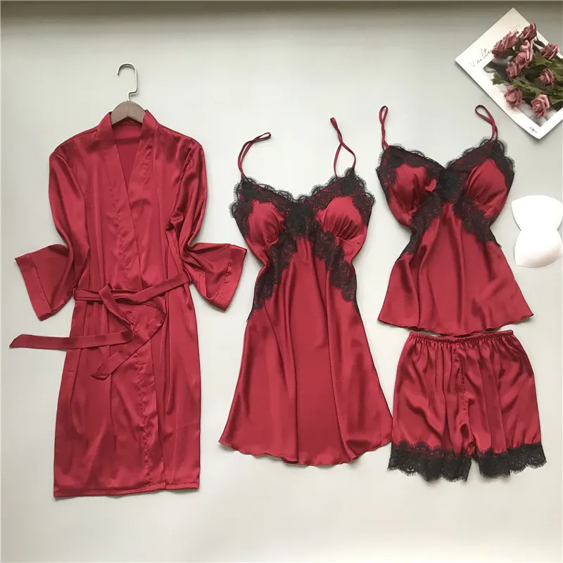 Spring Autumn Women Silk Pajamas Sets With Chest Pads Pijama Sleepwear 4/3/2/1 Pcs Sets Big Lace Trim Satin Pyjamas Sets
Spring Autumn Women Silk Pajamas Sets With Chest Pads Pijama Sleepwear 4/3/2/1 Pcs Sets Big Lace Trim Satin Pyjamas Sets