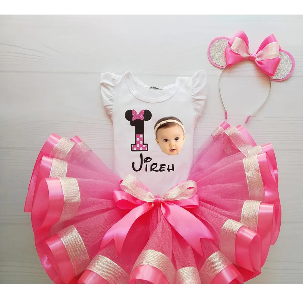 

Personalize head 1st/2st/3st Birthday Shirt & Tutu Set Baby Girl Outfit Any Age baby face custom baby shower Princess Birthday