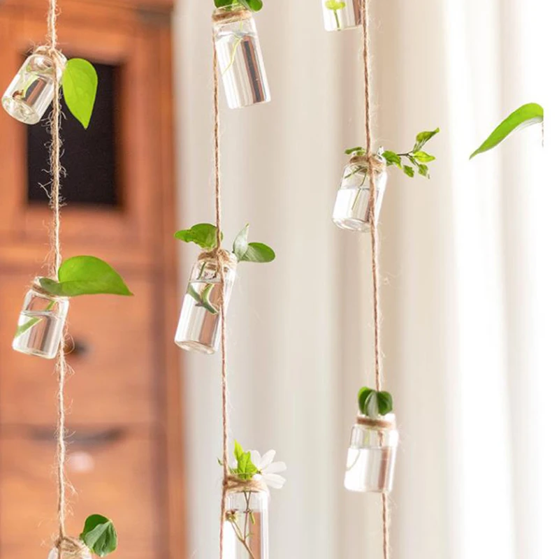 

Wind Chimes Style Decor Glass Vase 1 Strings Hanging Vase With 8 Mini Bottle Nordic Home Decor Flower Plant Hydroponic Containe