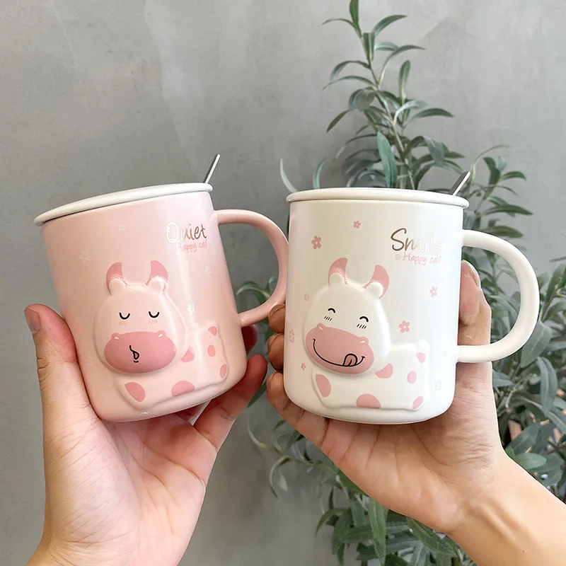

420ML Cute Cartoon Embossed Ceramic Mugs Creative Animal Coffee Mug Modern Fashion Breakfast Milk Cups with Lid Spoon Handle