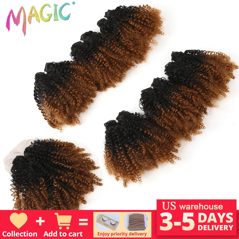 

Synthetic 14"Inch Ombre Hair Blonde Afro Kinky Curly Hair Weaving 7pcs/Lot Hair Extensions Bundles With Closure For Black Women