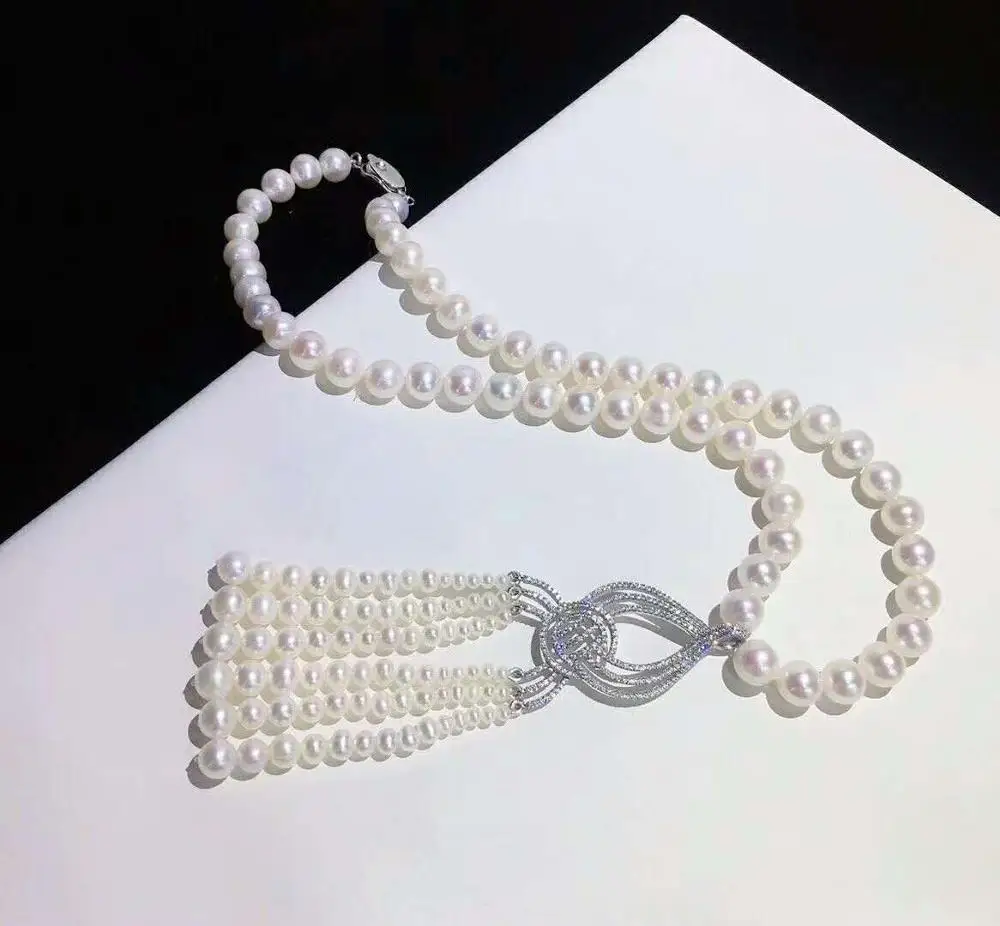 

Charming 8-9mm white freshwater pearl micro inlay zircon accessories tassels necklace 45cm