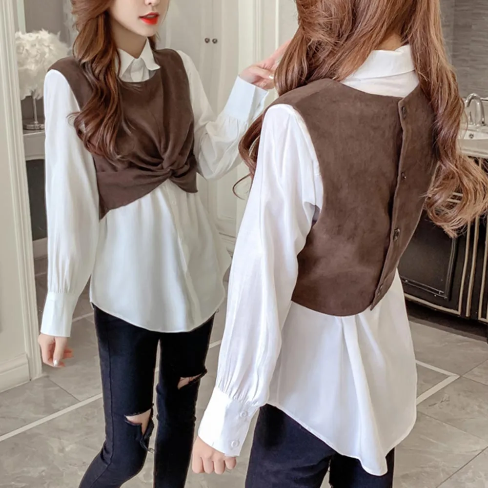 Women's Blouse Spring 2021 New Female Design Sense Pleated Short Waistcoat Western Style Shirt Women Wild Fake Two-piece Tops
Women's Blouse Spring 2021 New Female Design Sense Pleated Short Waistcoat Western Style Shirt Women Wild Fake Two-piece Tops