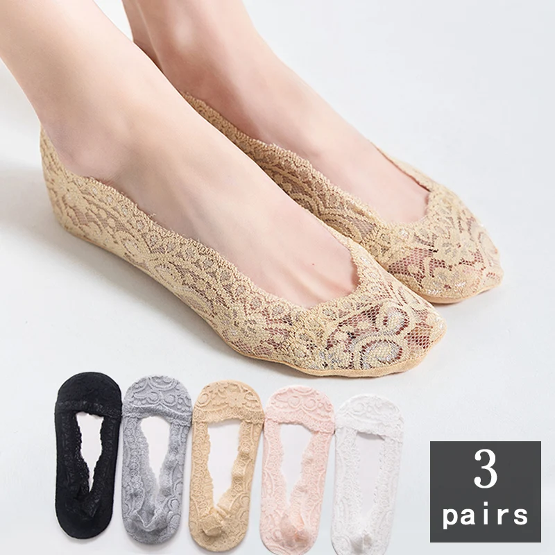 

3 pairs Summer women girl Silica Gel Lace Boat Socks Invisible Cotton Sole Non-slip Antiskid Slippers Anti-Slip Short Sock