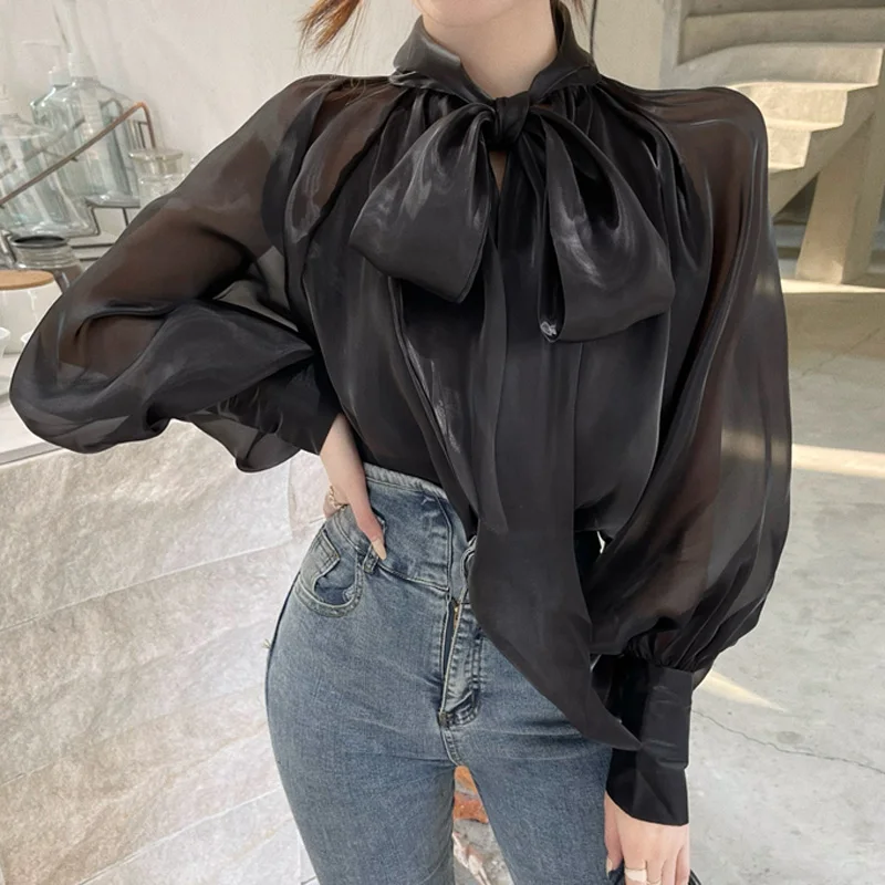

Alien Kitty 2021 New Summer Lantern Sleeve Brief Solid Bow Loose Hot Chic Blouses Pullover Lady Casual Tops Single-Piece Set