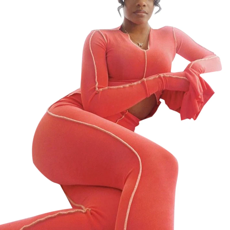 

Casual Workout Sporty Patchwork Two Piece Set Women Flare Long Sleeve Cropped Slim Pants Bodycon Outfits Tracksuit Matching Suit