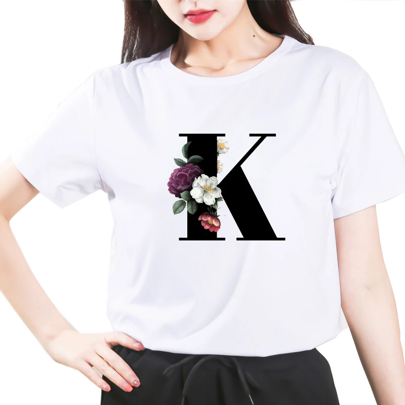Custom name 26 letter combination women's High quality printing T-shirt Flower letter Font K Short sleeve Clothes 
Custom name 26 letter combination women's High quality printing T-shirt Flower letter Font K Short sleeve Clothes