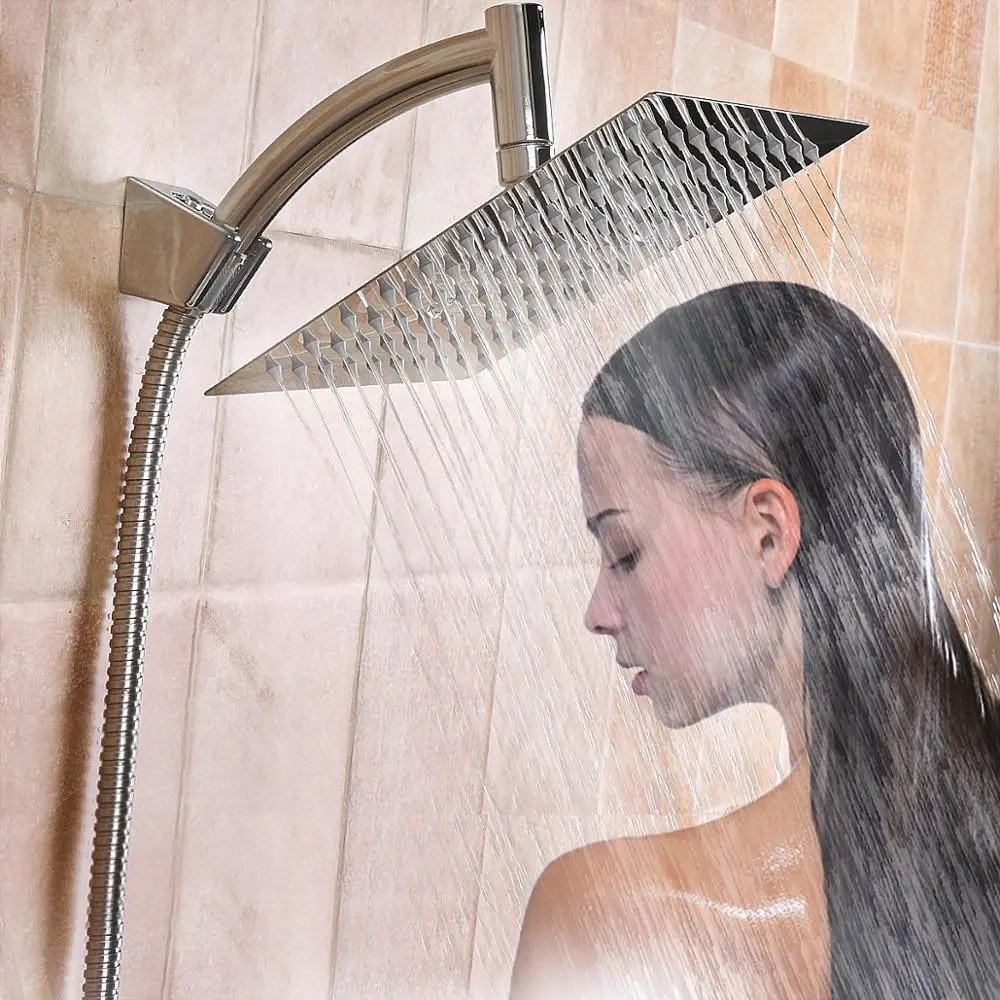 Square 8 Inch Rainfall Shower Head Extension with Shower Arm Hose Kit Overhead
Square 8 Inch Rainfall Shower Head Extension with Shower Arm Hose Kit Overhead