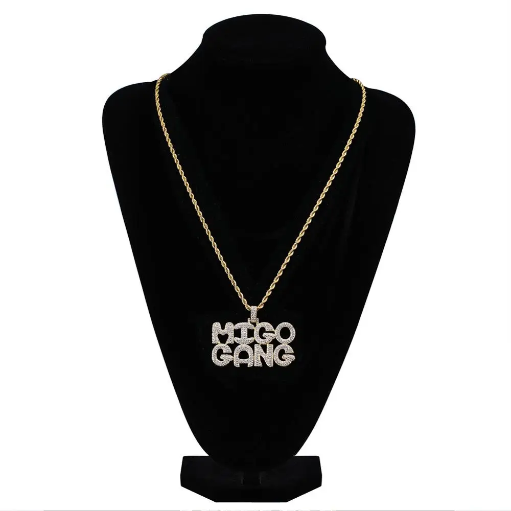 

Hip Hop AAA Cubic Zirconia Paved Bling Iced Out MIGO GANG Letter Pendants Necklace for Men Rapper Jewelry Gold Silver Color
