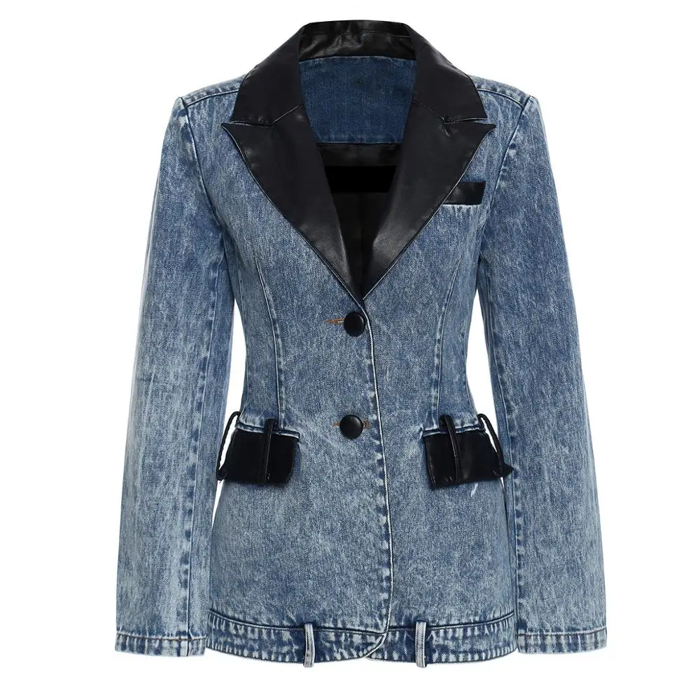 2020 Autumn and Winter V-neck PU Leather Color Matching Handsome Slim Waist Slimming Denim Suit for Women Jacket
2020 Autumn and Winter V-neck PU Leather Color Matching Handsome Slim Waist Slimming Denim Suit for Women Jacket