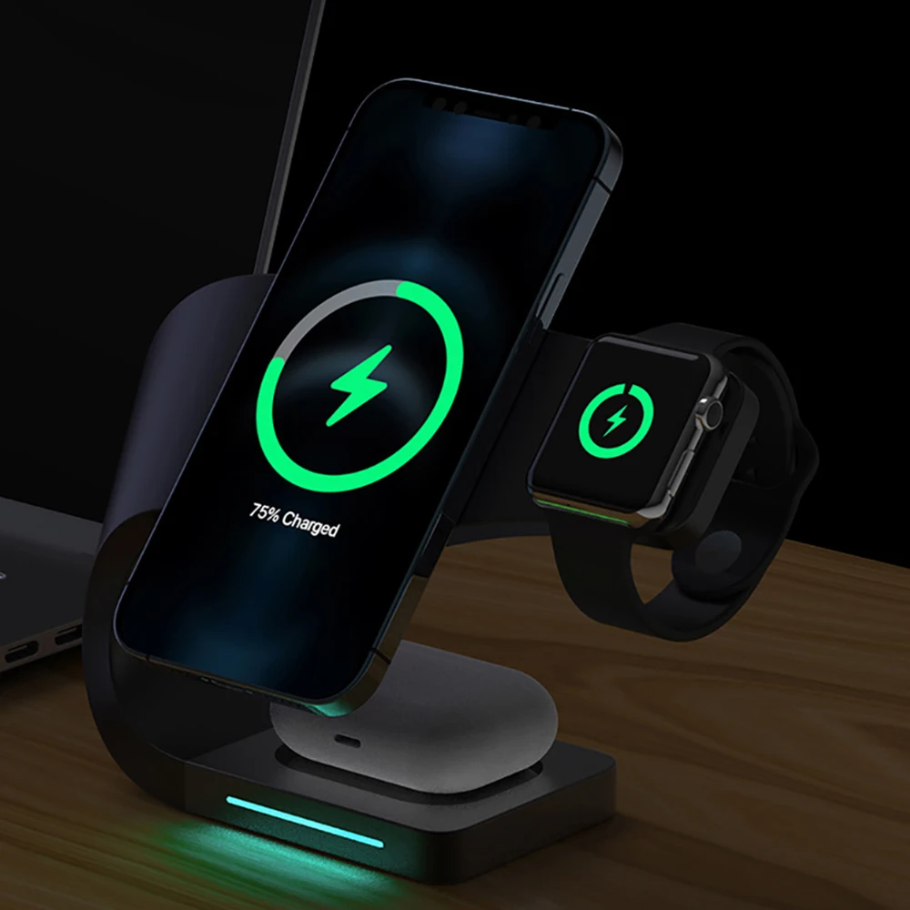 Беспроводное зарядное устройство Bonola 4 в 1 подставка с RGB-подсветкой для Apple Watch