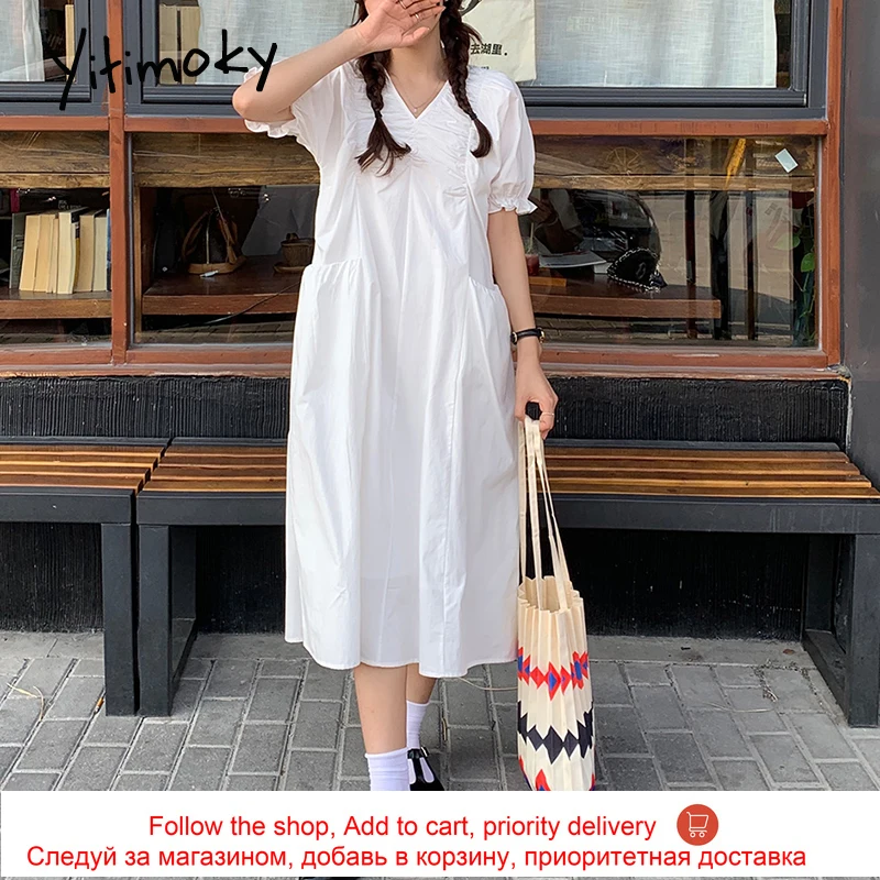 Yitimoky Vintage Woman Dress V-Neck Ruched 2021 Summer Fashion Korean New Puff Short Sleeve White Simple Multi-pocket Dresses
Yitimoky Vintage Woman Dress V-Neck Ruched 2021 Summer Fashion Korean New Puff Short Sleeve White Simple Multi-pocket Dresses