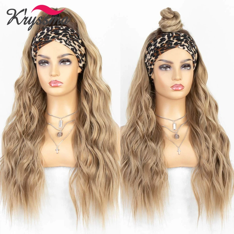 kryssma Long Wavy Hair Wig Natural Ash Blonde Headband Synthetic Wigs Ombre Body Wave For Women Heat Resistant | Шиньоны и парики