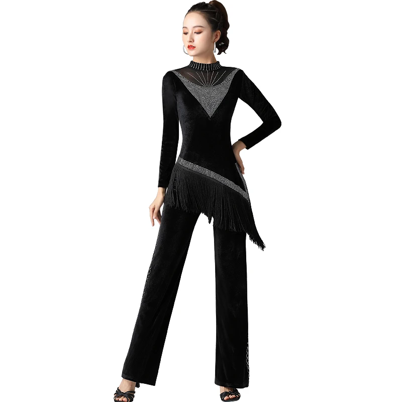 Latin Dance Costume Professional Latin Competition Performance Female Velvet Pants Suit Shiny Diamond Fringe Clothes 
Latin Dance Costume Professional Latin Competition Performance Female Velvet Pants Suit Shiny Diamond Fringe Clothes