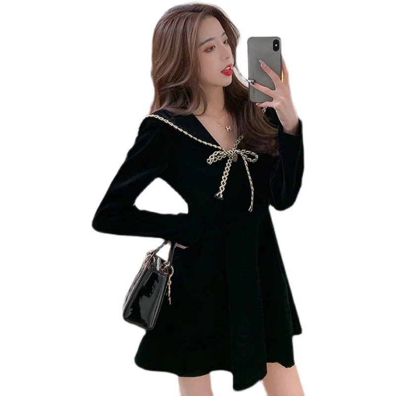 COIGARSAM Vintage Women one-piece dress korean Winter Dresses Black 508 
COIGARSAM Vintage Women one-piece dress korean Winter Dresses Black 508