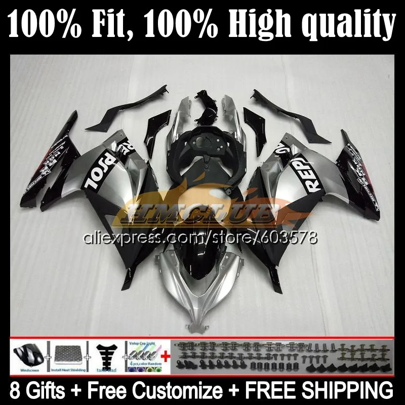 Инъекция для KAWASAKI NINJA ZX 300R EX300 ZX-3R 68CL.13 ZX3R 13 14 15 16 ZX300R 2013 2014 2015 2016 2017 серебряные Обтекатели Repsol 
Инъекция для KAWASAKI NINJA ZX 300R EX300 ZX-3R 68CL.13 ZX3R 13 14 15 16 ZX300R 2013 2014 2015 2016 2017 серебряные Обтекатели Repsol