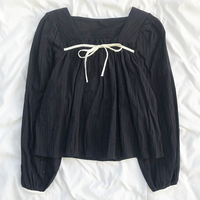 Kimutomo Gentle Bow Blouse Girls Spring 2021 Square Collar Long Sleeve Solid Short Shirt Female Japanese Style Outwear Loose 
Kimutomo Gentle Bow Blouse Girls Spring 2021 Square Collar Long Sleeve Solid Short Shirt Female Japanese Style Outwear Loose