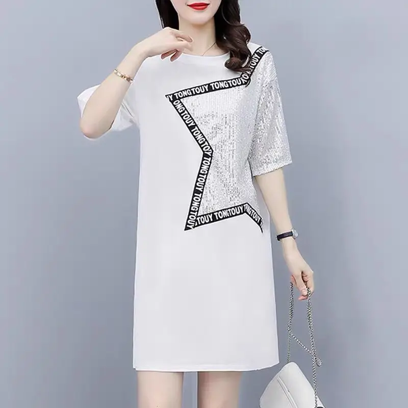 5XL Plus size dress for women Summer 2022 Short Sleeves Sequin Letters Fashion Woman Dress Loose Casual Dress ladies
5XL Plus size dress for women Summer 2022 Short Sleeves Sequin Letters Fashion Woman Dress Loose Casual Dress ladies