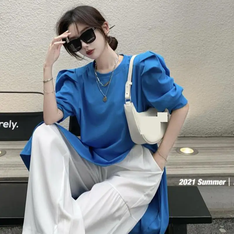 Korean Style T Shirt For Women Summer Puff Short Sleeve Tops Blue Tees Fashion Side Split All-match Tshirt Femmale Long Shirts
Korean Style T Shirt For Women Summer Puff Short Sleeve Tops Blue Tees Fashion Side Split All-match Tshirt Femmale Long Shirts