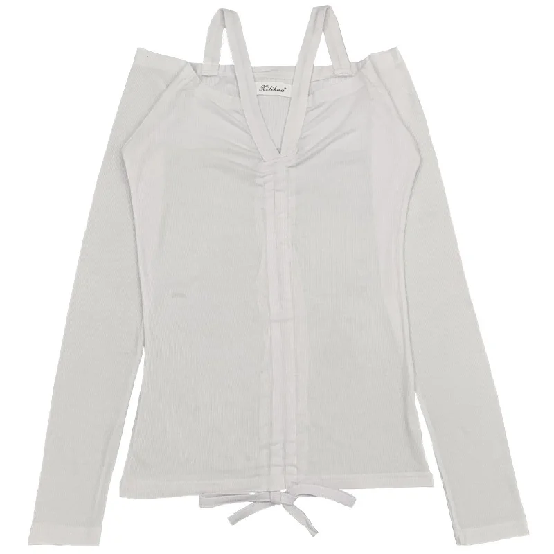 Chic Drawstring Off Shoulder Tops Women Sexy V Neck Hollow Out Nightclub Suspender Top Long Sleeve Bottoming Tops Spring Autumn
Chic Drawstring Off Shoulder Tops Women Sexy V Neck Hollow Out Nightclub Suspender Top Long Sleeve Bottoming Tops Spring Autumn