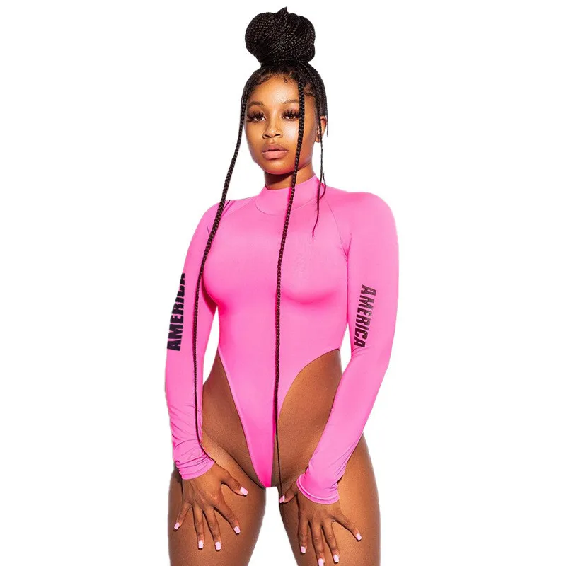 

Women Sexy Bodysuit Turtle Neck Backless Lettering Long Sleeve Tight Fitting Jumpsuit Female Slim Fit Rompers Clubwear Summer
