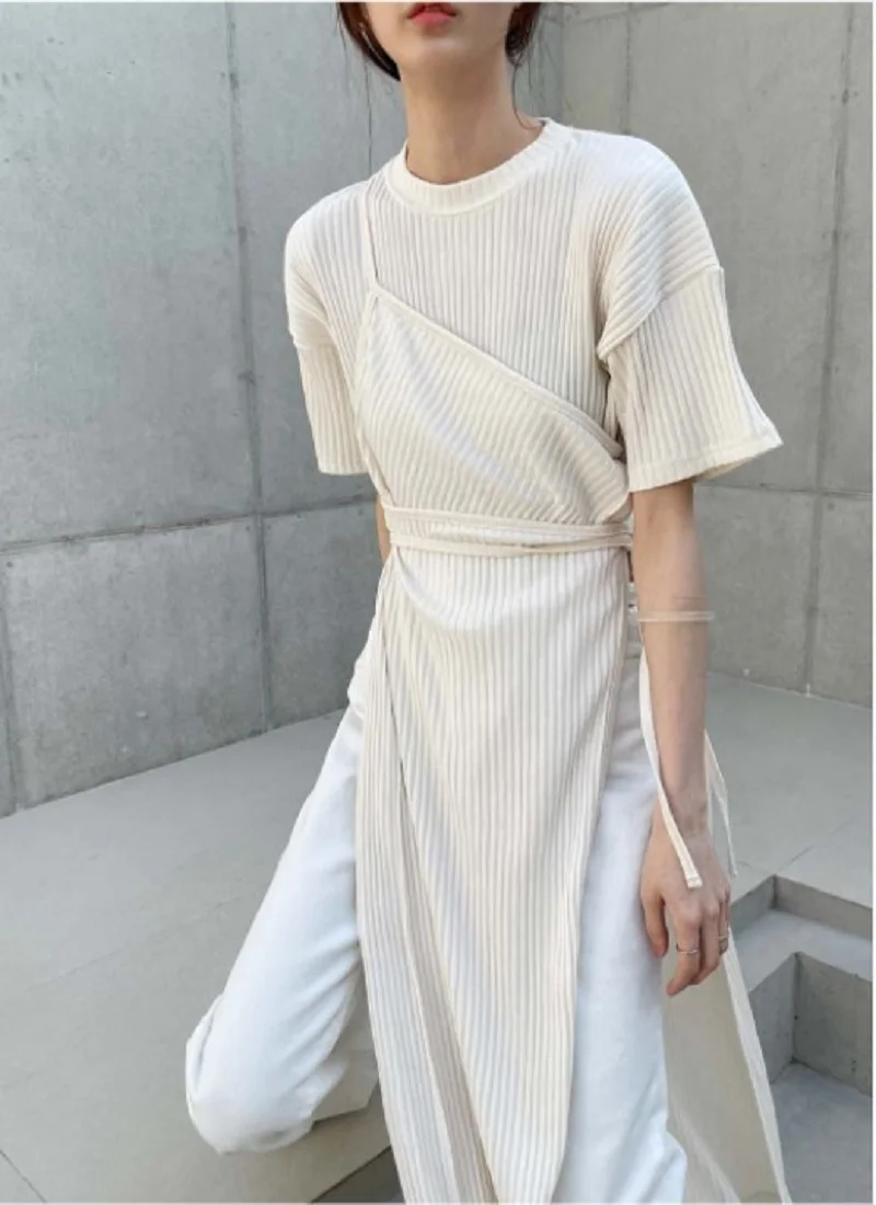 Women Dress 2021 Summer Korean Chic Ladies Niche Design More Wear Round Neck Stitching Fake Two-Piece Split Vestidos 
Women Dress 2021 Summer Korean Chic Ladies Niche Design More Wear Round Neck Stitching Fake Two-Piece Split Vestidos