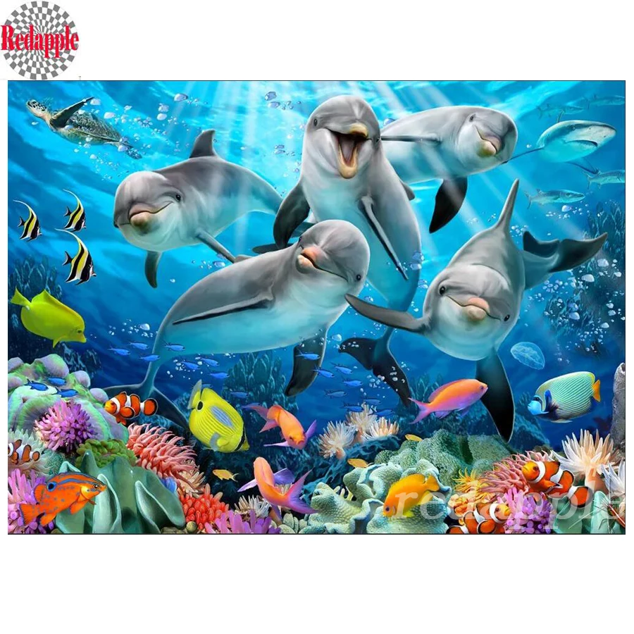 5D Diy Diamond Painting Animal Dolphins Fishes Full Square diamond Mosaic drill Daimond Embroidery Rhinestones decor | Дом и сад
