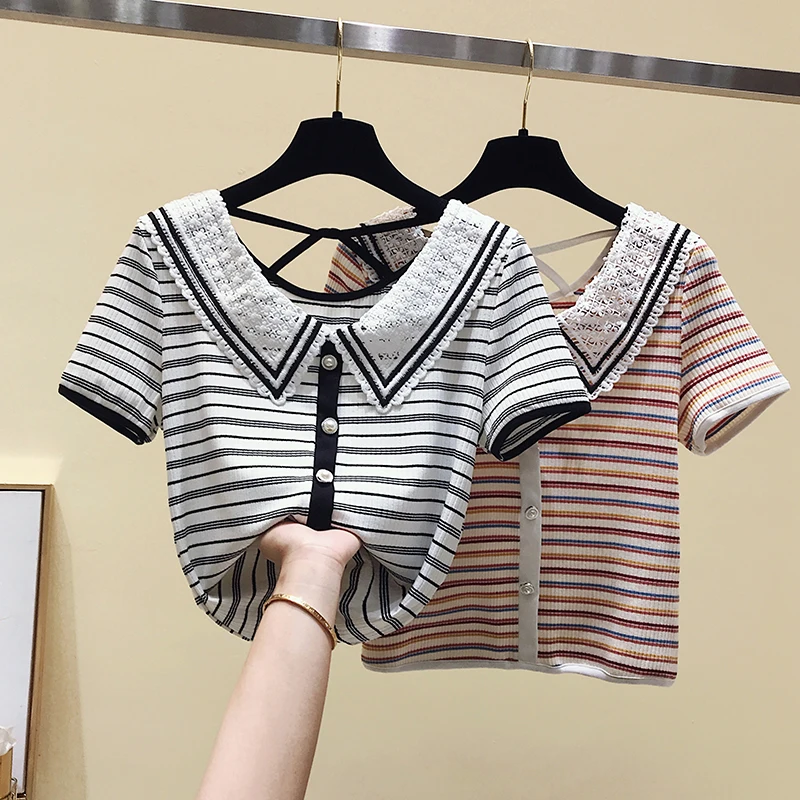 Backless Blouses Shirts For Women Peter Pan Collar Striped Hollow Out Short Sleeve Summer Tops Female Blusas Casual #H65
Backless Blouses Shirts For Women Peter Pan Collar Striped Hollow Out Short Sleeve Summer Tops Female Blusas Casual #H65
