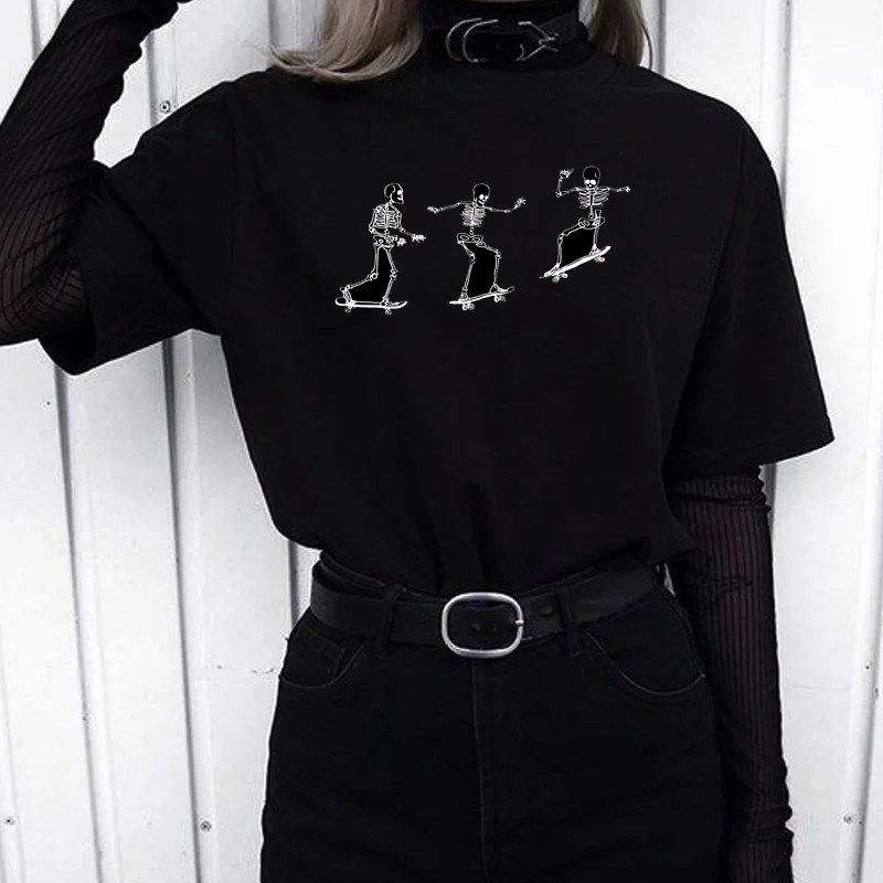 

Vintage Fashion Skeletons Skateboarding Black T-Shirt Tumblr Fashion Cute Funny Tee Hipsters Street Style Shirt Grunge Clothes