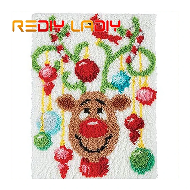 Latch Hook Rug Kit Crocheting Carpet Christmas Deer Acrylic Yarn Pre-Printed Canvas Cushion Mat Crochet Tapestry Sofa Decor | Дом и