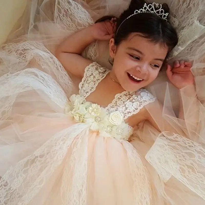 

Princess Ivory Champagne Flower Girl Dresses Lace Flower Tutu Children Birthday Party Wedding Tutu Dress Kids Girls Clothes