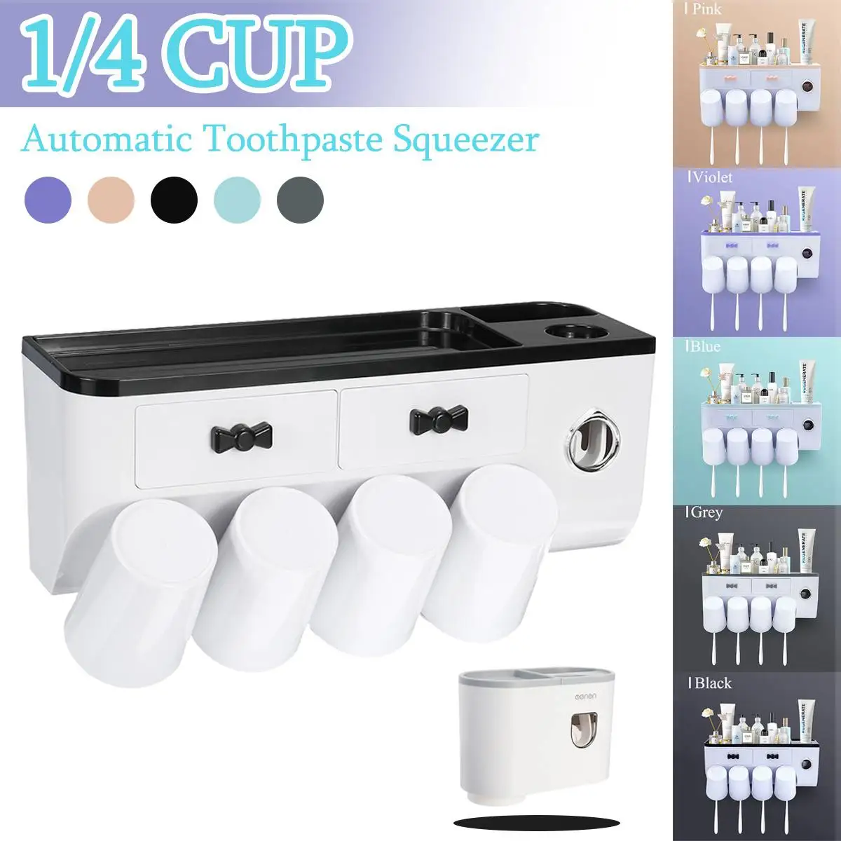 1/4 Cup Automatic Toothpaste Dispenser Wall Mount Dust-proof Toothbrush Holder Storage Rack with Drawer Bathroom Accessories Set
1/4 Cup Automatic Toothpaste Dispenser Wall Mount Dust-proof Toothbrush Holder Storage Rack with Drawer Bathroom Accessories Set