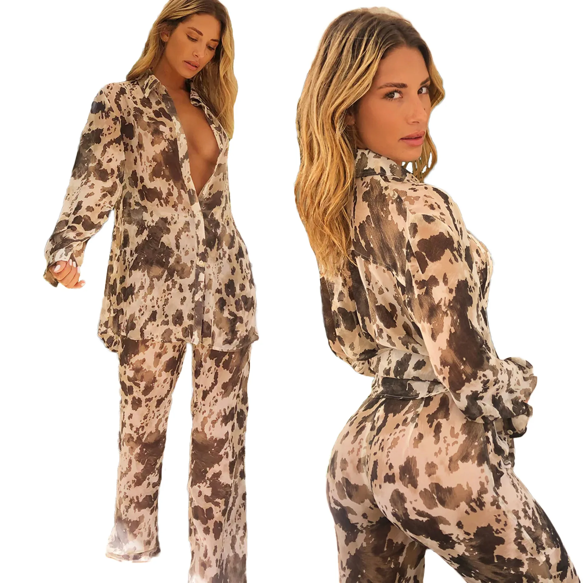 American European Style Leopard Pattern Long Sleeve Button Up Top And Pant Two Piece Women Sets Sexy Lady Slim Fit Chic Clothing
American European Style Leopard Pattern Long Sleeve Button Up Top And Pant Two Piece Women Sets Sexy Lady Slim Fit Chic Clothing