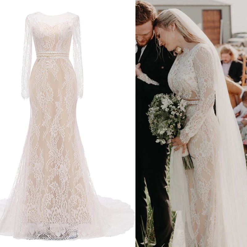 Lace Barn Long Sheer Sleeves Bridal Gown Backless Drop Ship Scoop Rustic Maxi Mermaid Custom Made Photoshoot Wedding Party Dress
Lace Barn Long Sheer Sleeves Bridal Gown Backless Drop Ship Scoop Rustic Maxi Mermaid Custom Made Photoshoot Wedding Party Dress