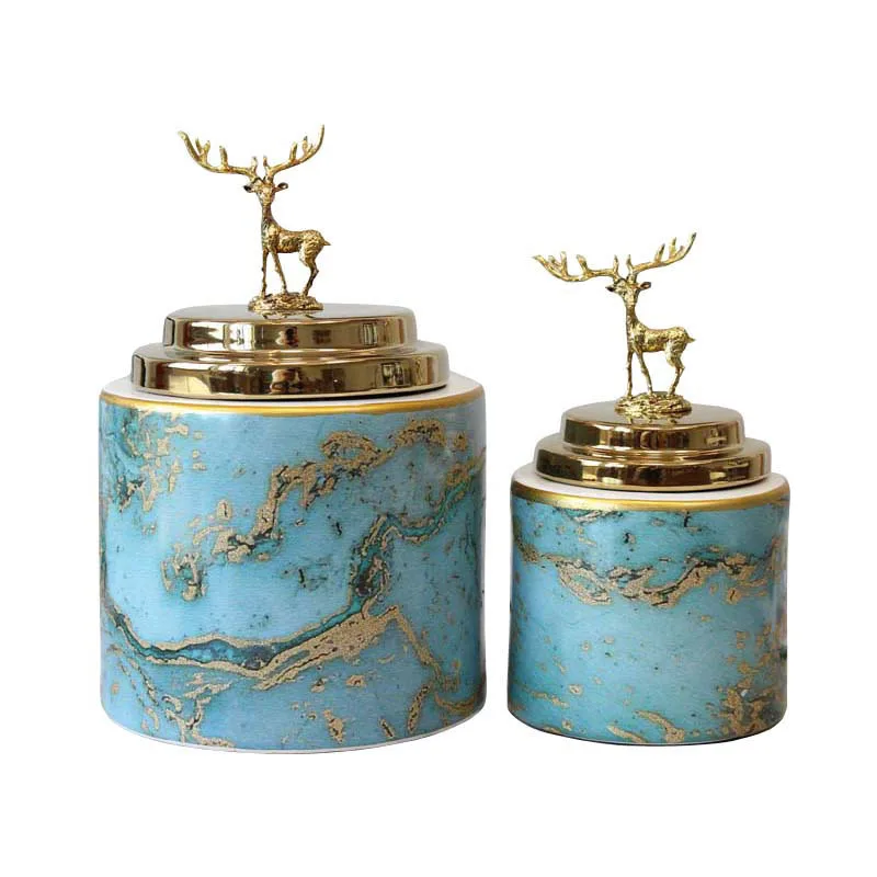

Gilded Marble Texture Storage Jars Decorative Deer Candy Jars and Lids Ceramic Painted Jewelry Cosmetic Containers Home Decor