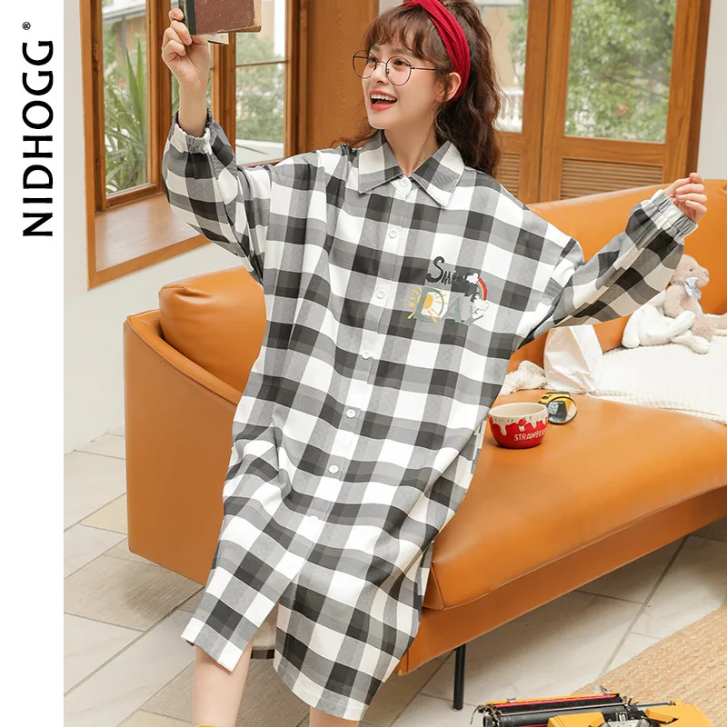 Black and White Plaid Comfortable Nightgowns Female Cotton Long-sleeved Sleepwear Loose Long Pijamas Women's Home Clothes
Black and White Plaid Comfortable Nightgowns Female Cotton Long-sleeved Sleepwear Loose Long Pijamas Women's Home Clothes