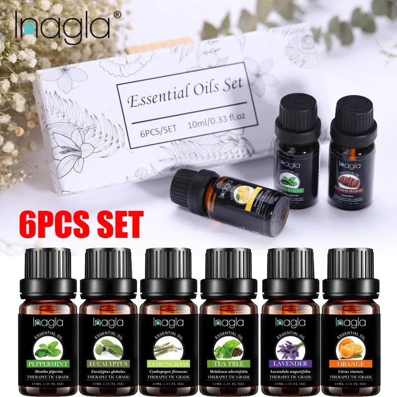 

Inagla 6pcs Pure Essential Oils Gift Set 10ML Humidifier Aromatherapy Eucalyptus Papermint Lavender Eucalyptus Body Relax Oil